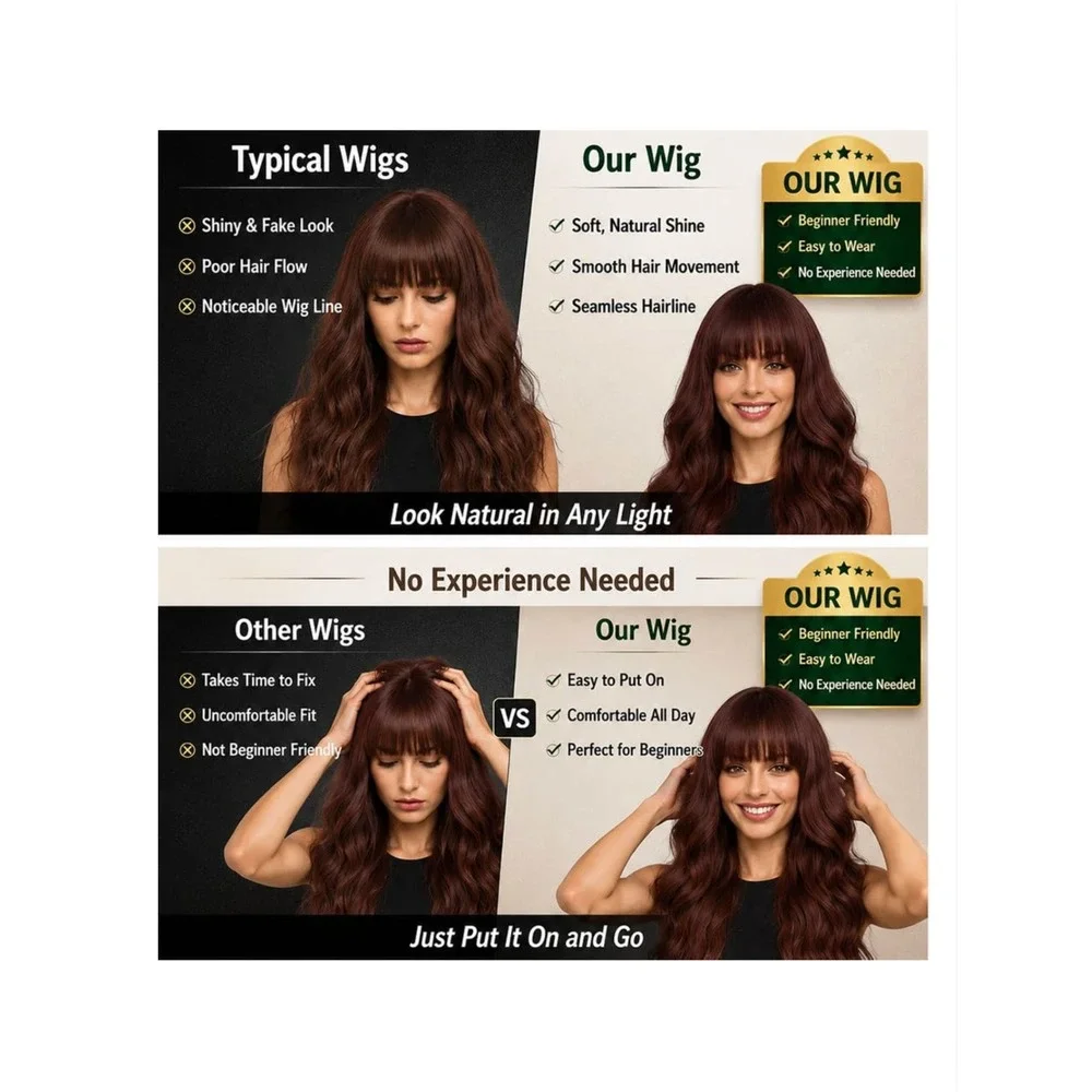 Long Wavy Fringe Wig in Deep Chestnut Brown - Women Hair Extensions